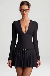 Long-Sleeve Pleated Mini Dress in Black