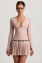 Long-Sleeve Pleated Mini Dress in Mushroom