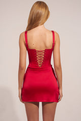 Premium Satin Sweetheart-Neck A-Line Mini Dress in Rose Red