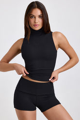 Modal Ribbed Mid-Rise Foldover Shorts in Black