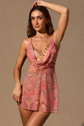 Cowl-Plunge Mini Dress in Paisley Print