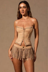 Fringed Low-Rise Mini Shorts in Tan