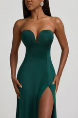 Slinky Jersey Strapless A-Line Midaxi Dress in Emerald Green