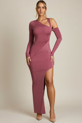 Asymmetric Draped Maxi Dress in Dark Rose