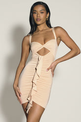 Slinky Jersey Cut-Out Ruffle-Trim Mini Dress in Buttercream