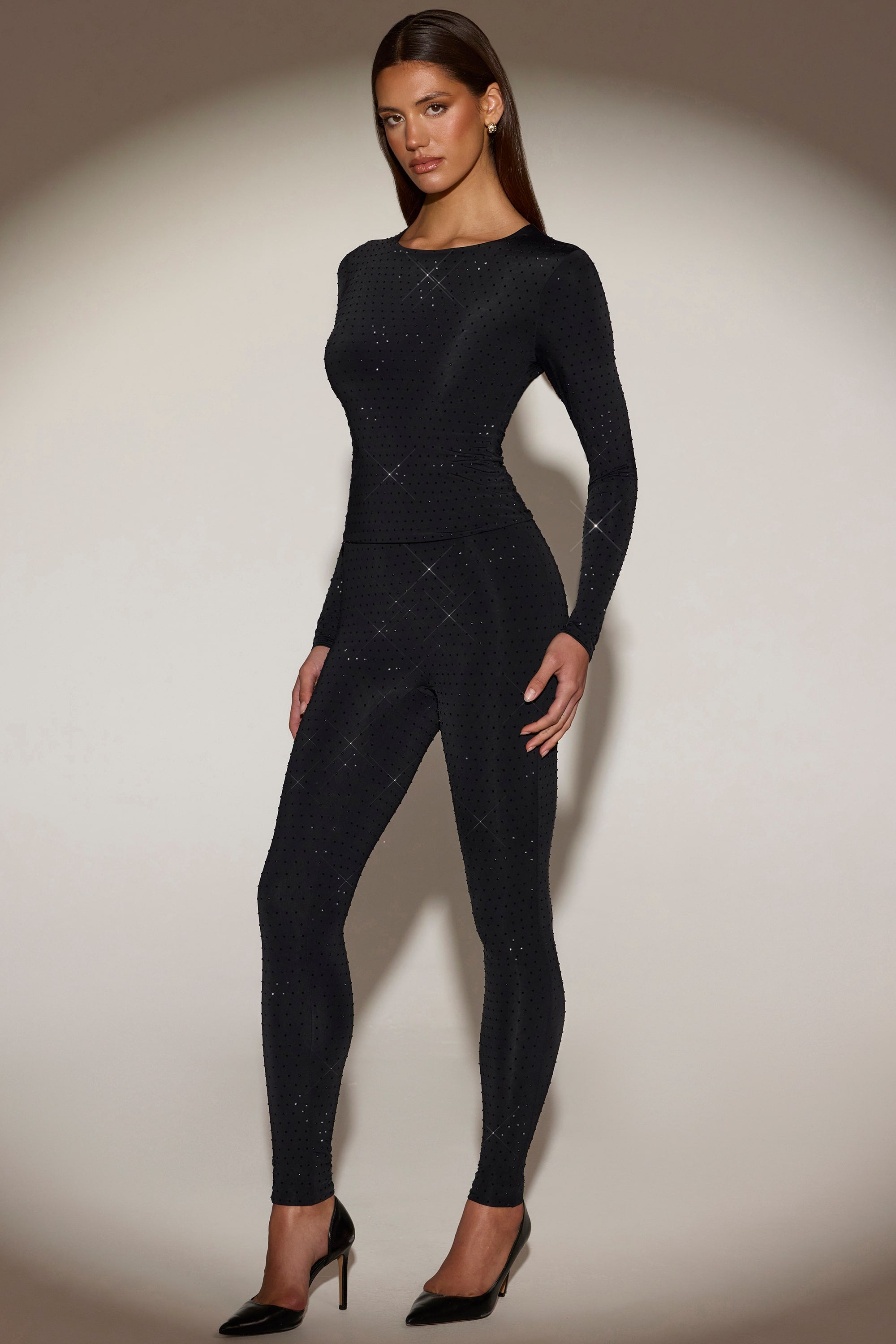 Embellished Crew-Neck Long-Sleeve Top in Black