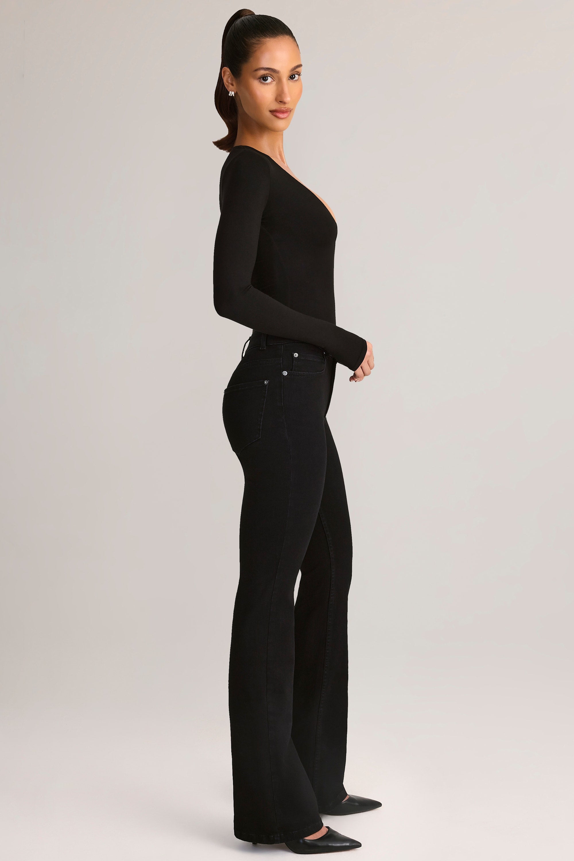 Denim Mid-Rise Flared Jeans in Black