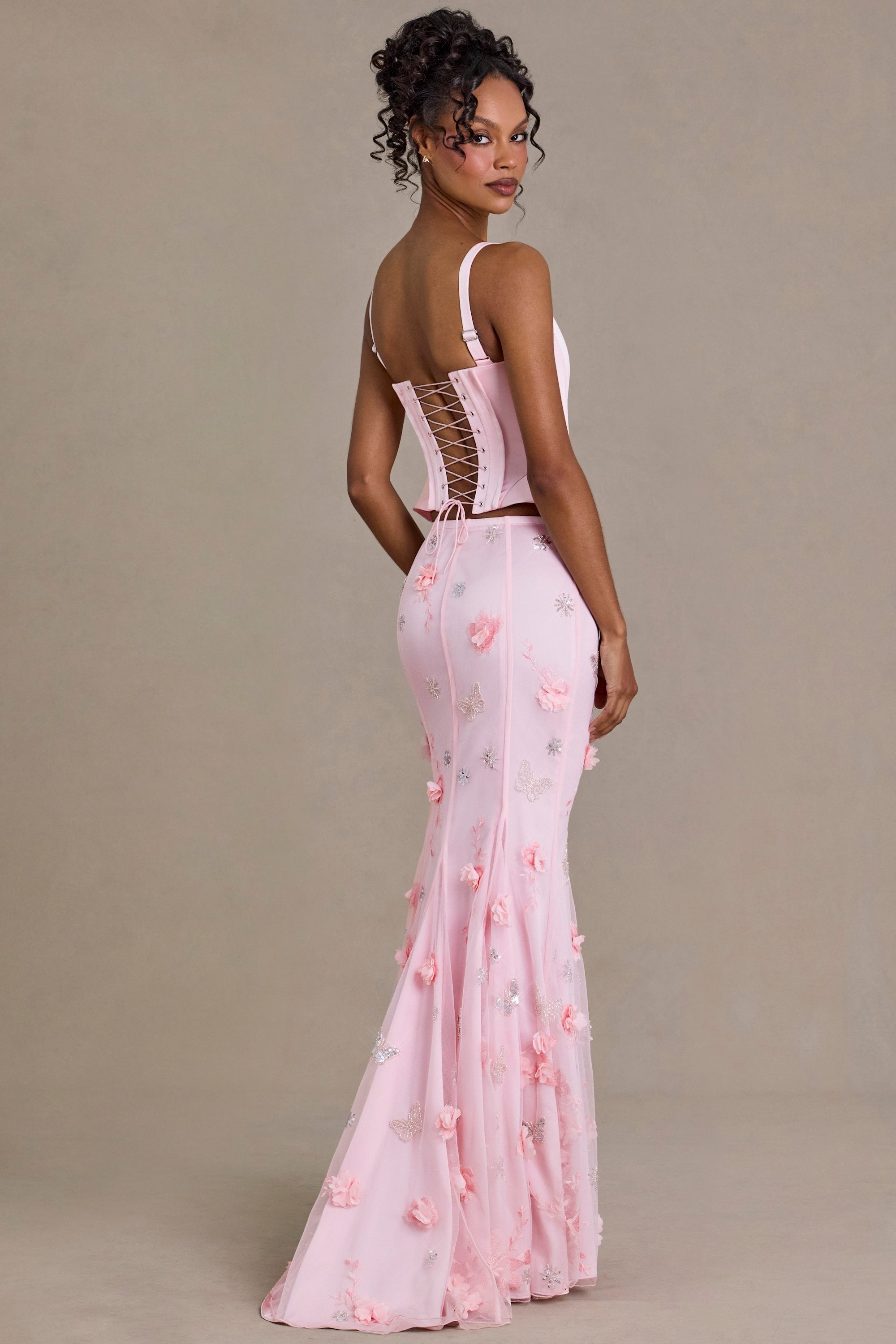 Premium Satin Lace-Up Corset Top in Baby Pink