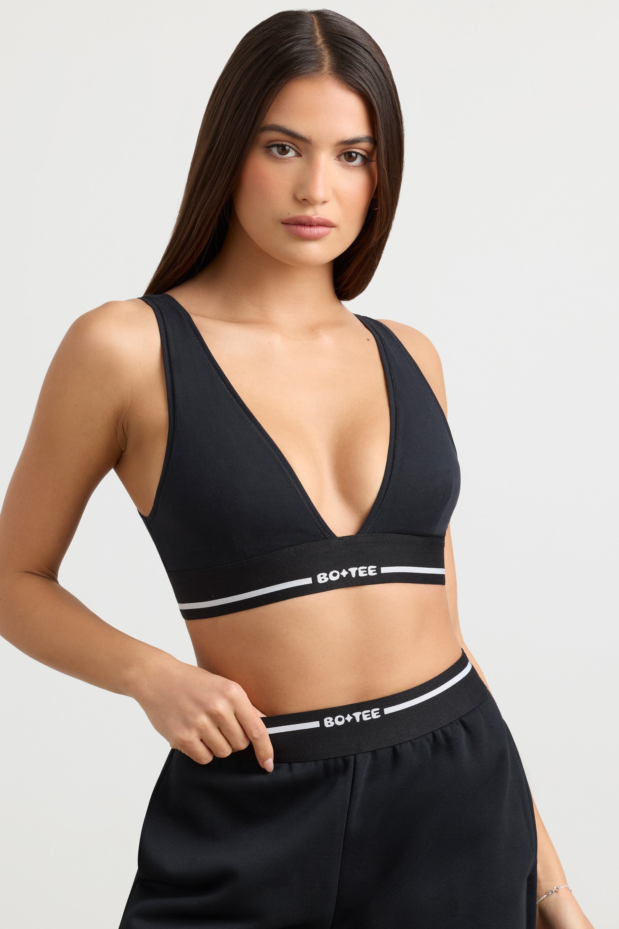 Stretch Cotton Jersey Plunge-Neck Crop Top in Black