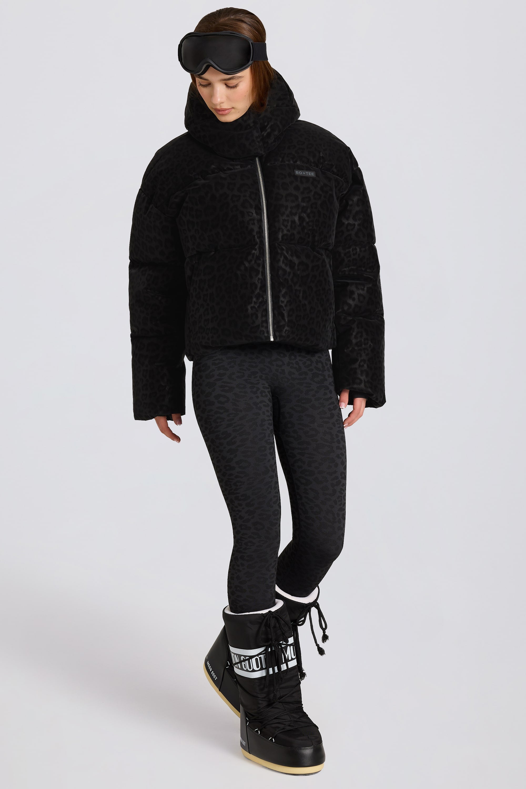 Waterproof Cropped Oversized Ski Jacket in Black Leopard