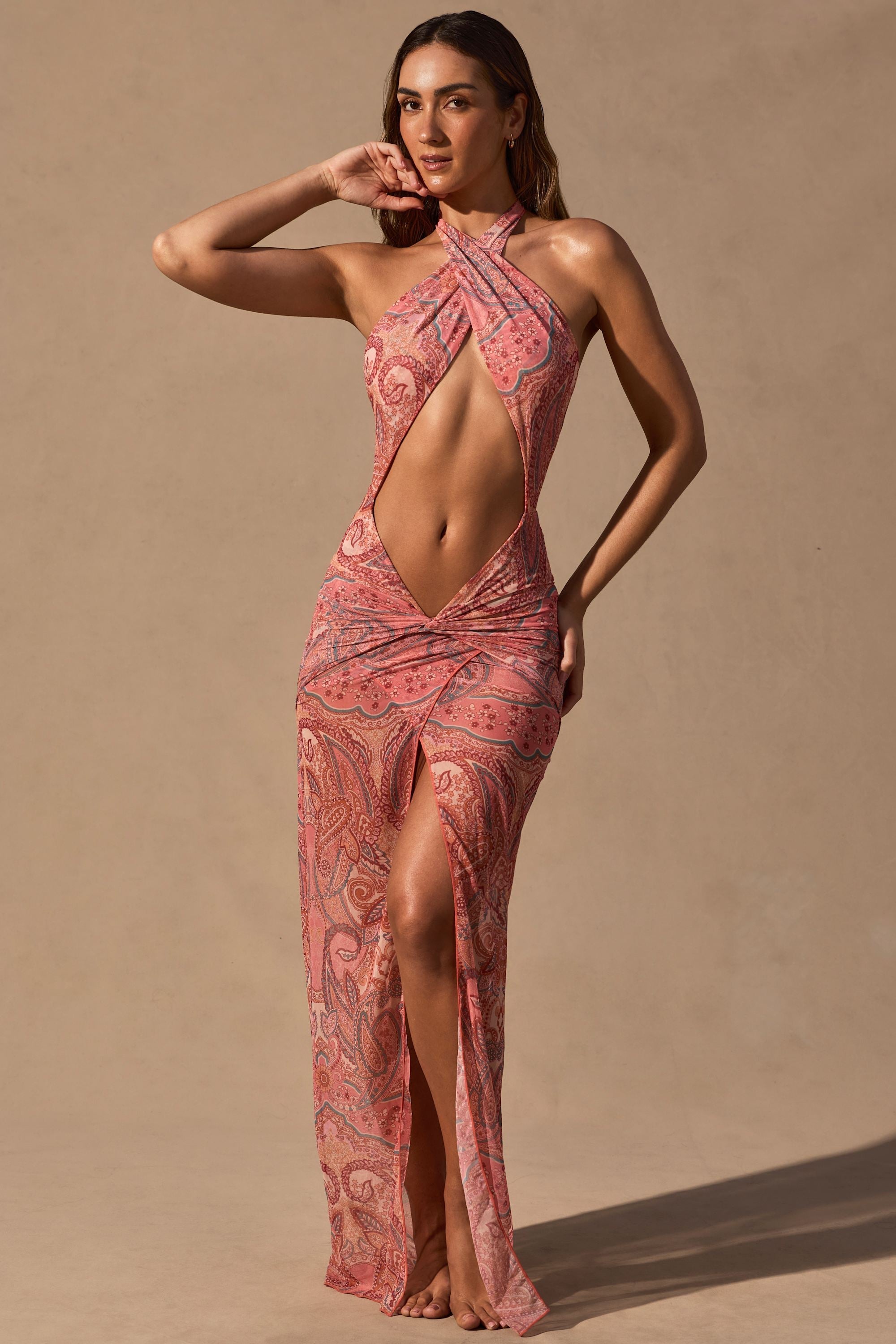 Cut-Out Halterneck Maxi Dress in Paisley Print