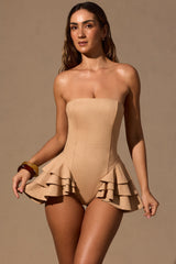 Ruffled Lace-Up Corset Playsuit in Tan