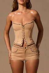 Lace-Up Corset Top  in Tan