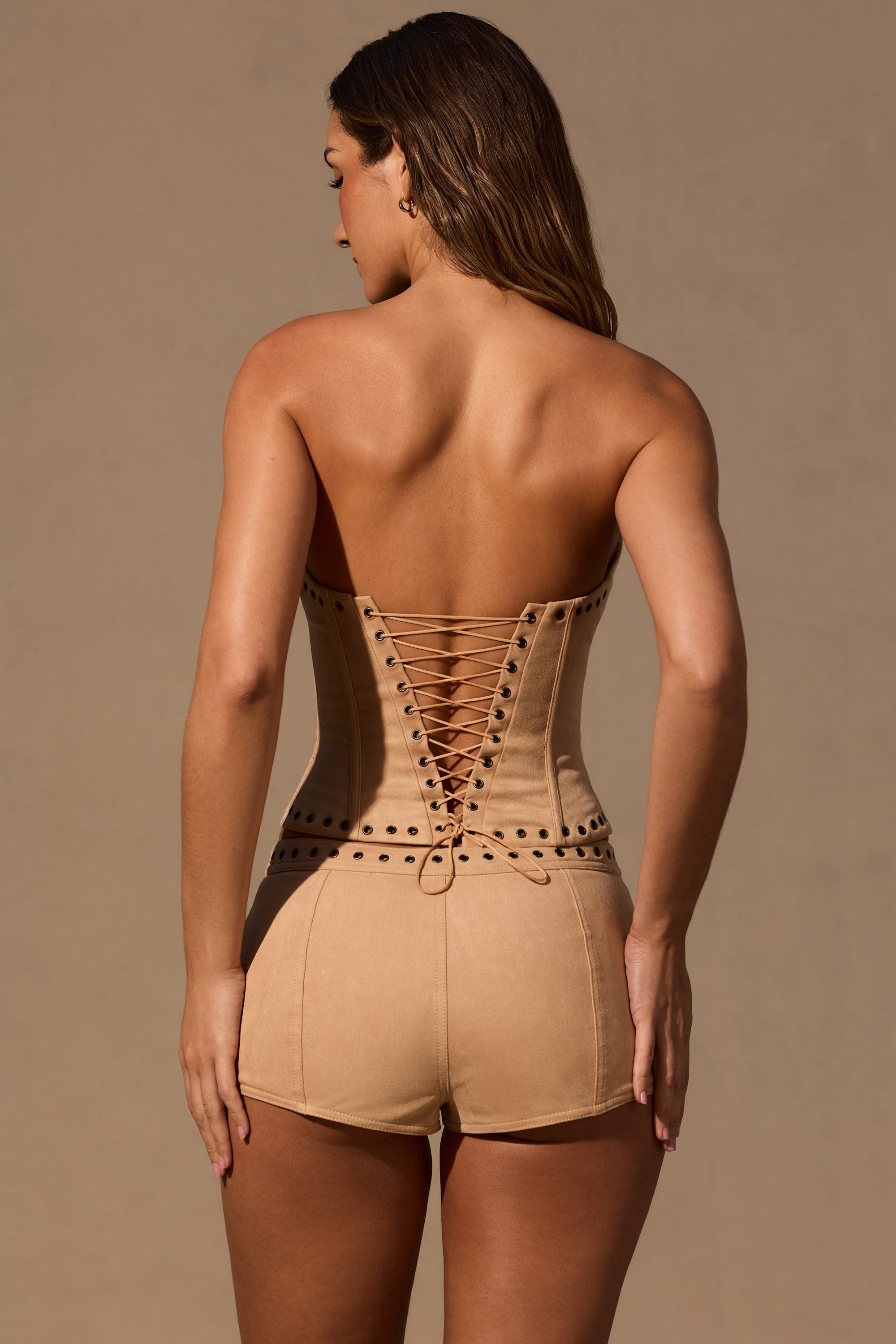 Low-Rise Mini Shorts in Tan