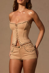 Low-Rise Mini Shorts in Tan