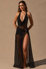 Cowl-Neck Plunge Maxi Dress in Black