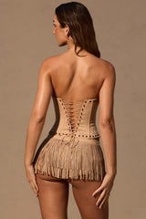 Fringed Low-Rise Mini Shorts in Tan