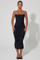 Ruched Backless Bodycon Midaxi Dress in Black
