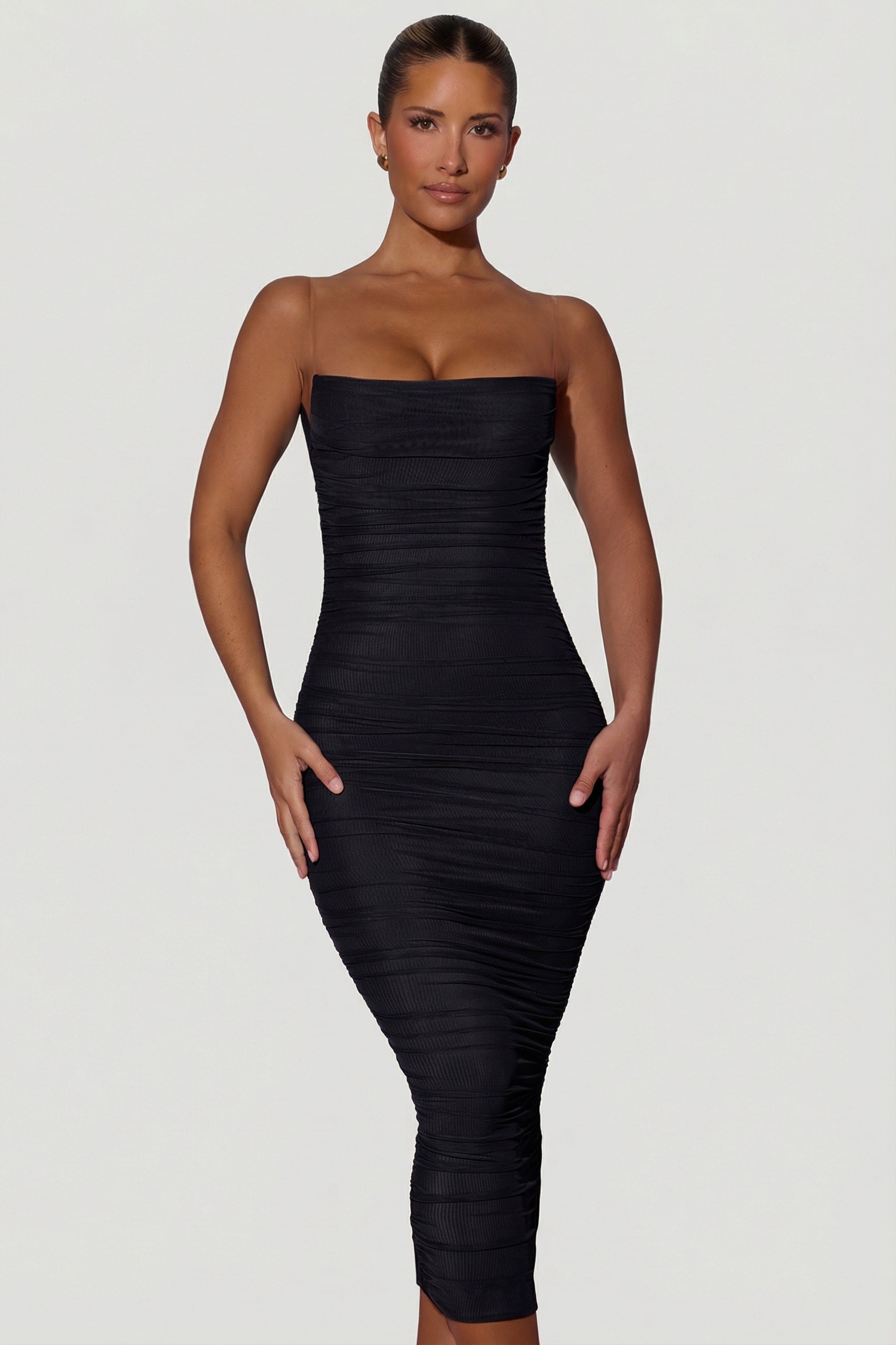 Ruched Backless Bodycon Midaxi Dress in Black