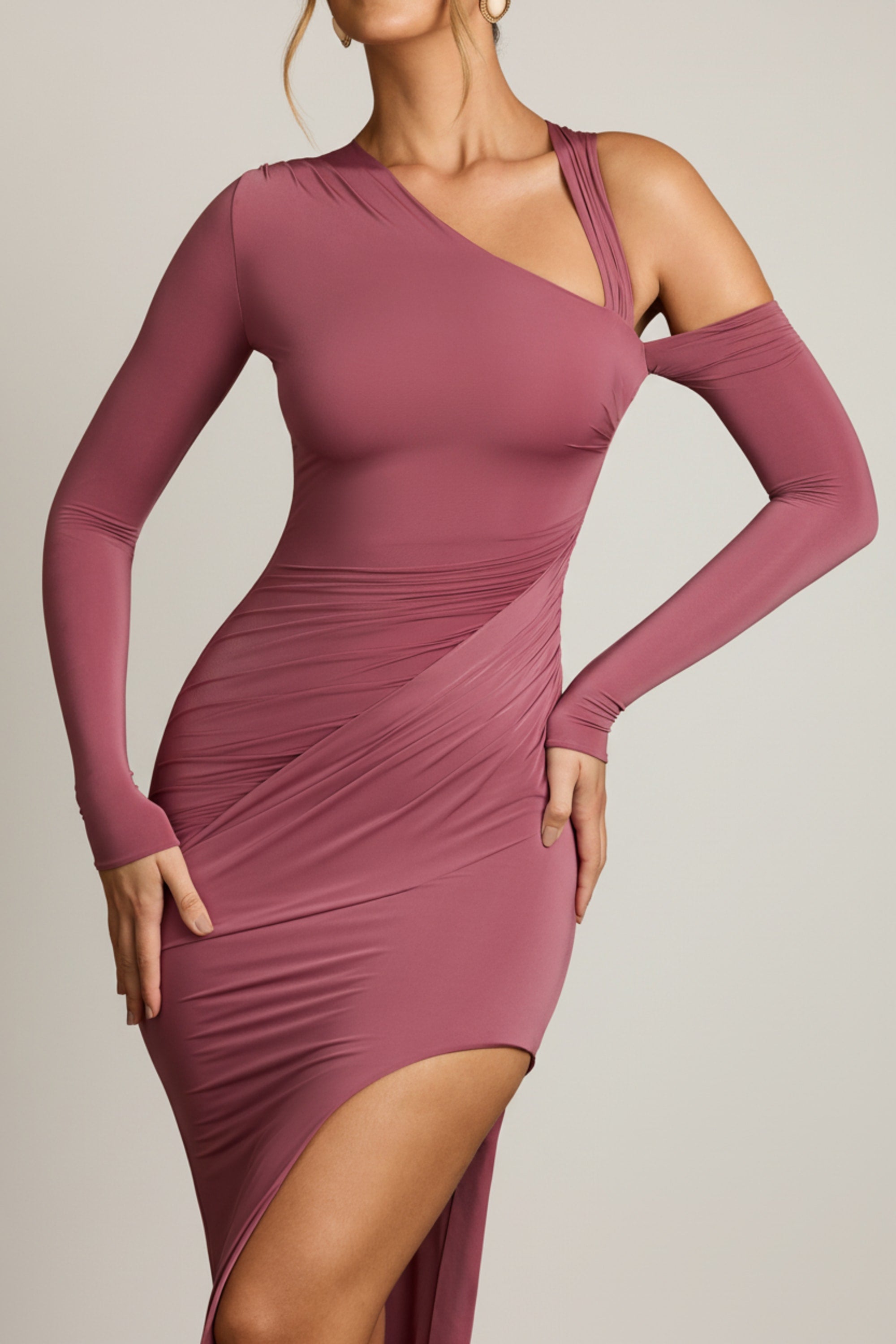 Asymmetric Draped Maxi Dress in Dark Rose