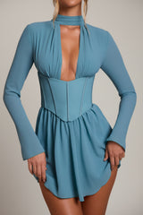 Long Sleeve Plunge Neck Mini Dress in Teal
