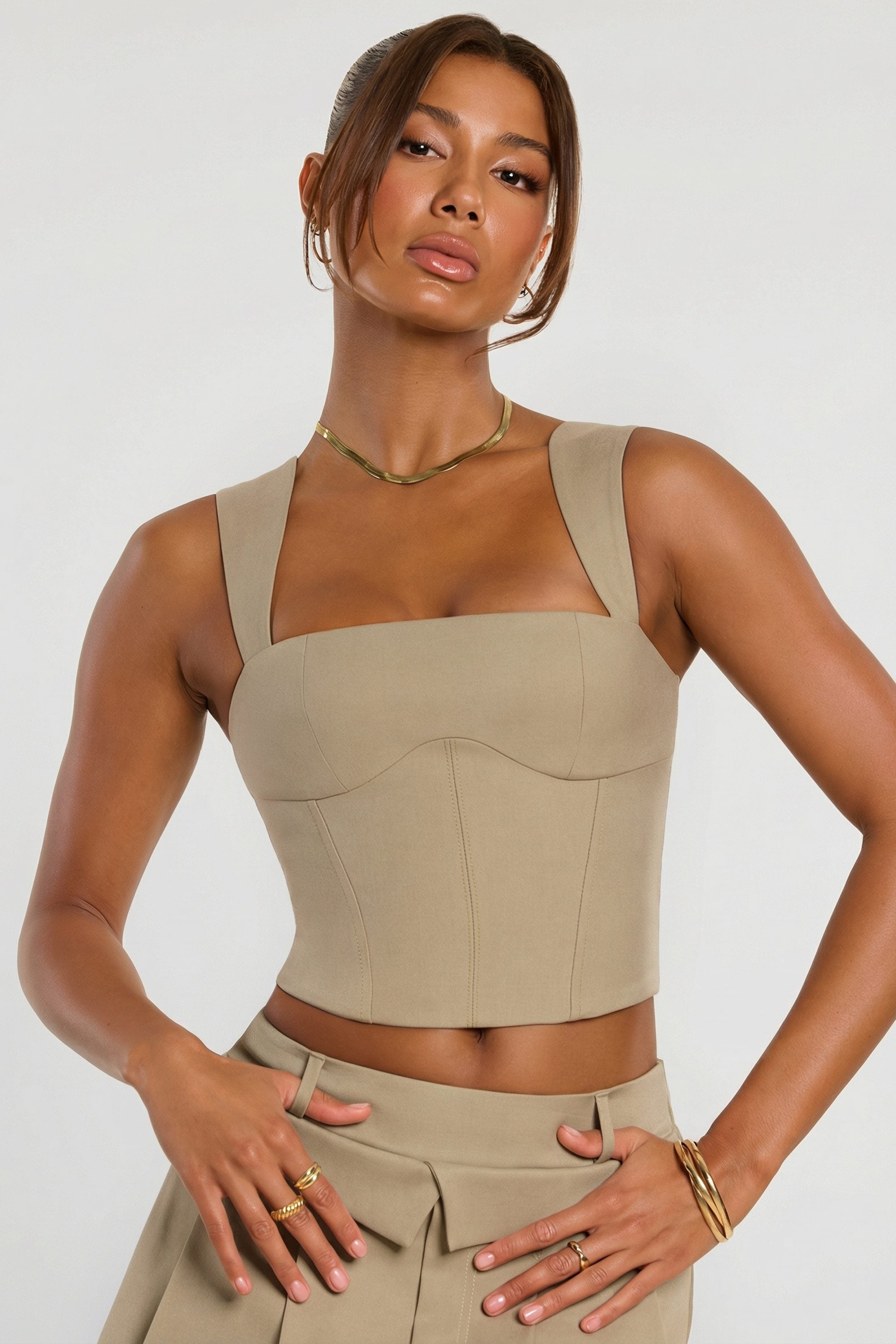 Brushed Twill Mid Rise Pleated Micro Mini Skirt in Taupe
