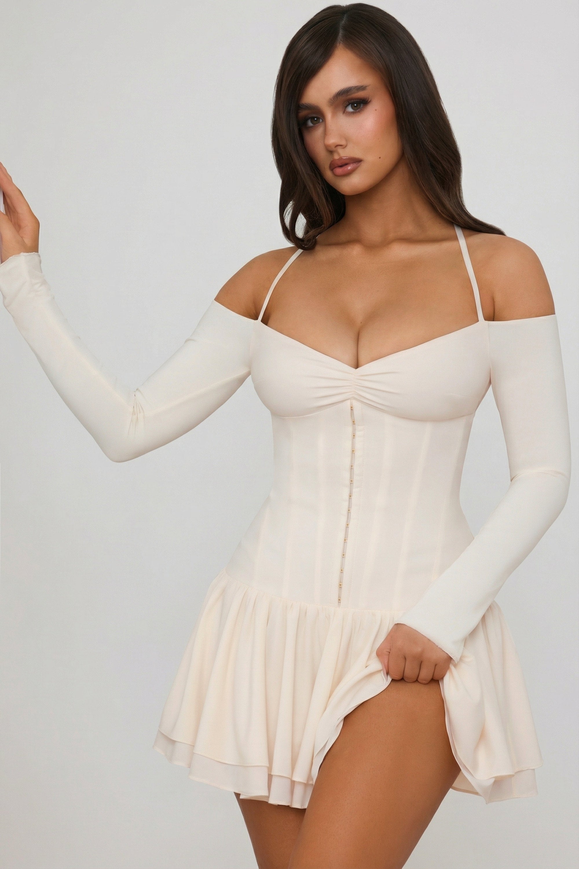 Off-Shoulder Tiered Corset Mini Dress in Ivory