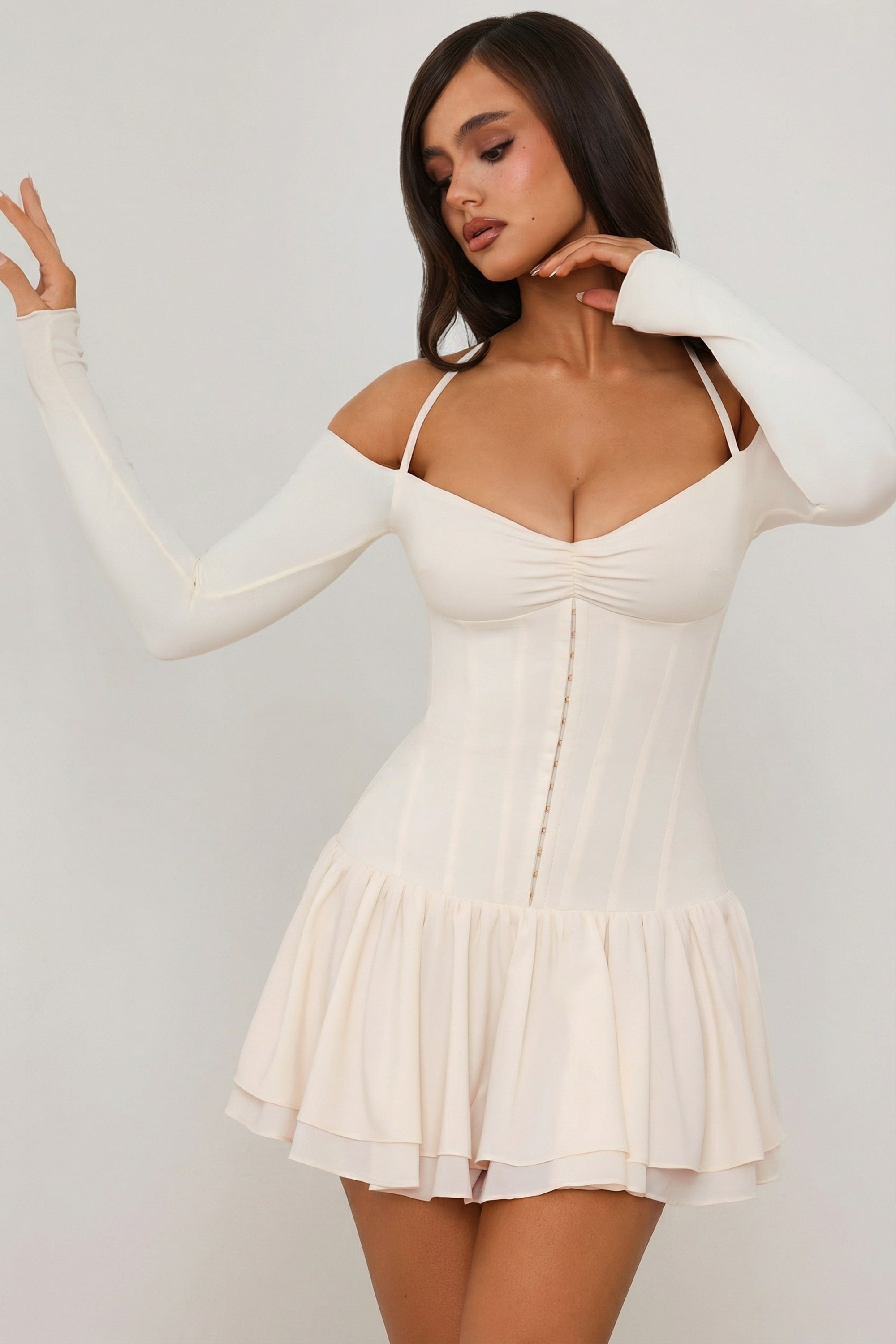 Off-Shoulder Tiered Corset Mini Dress in Ivory