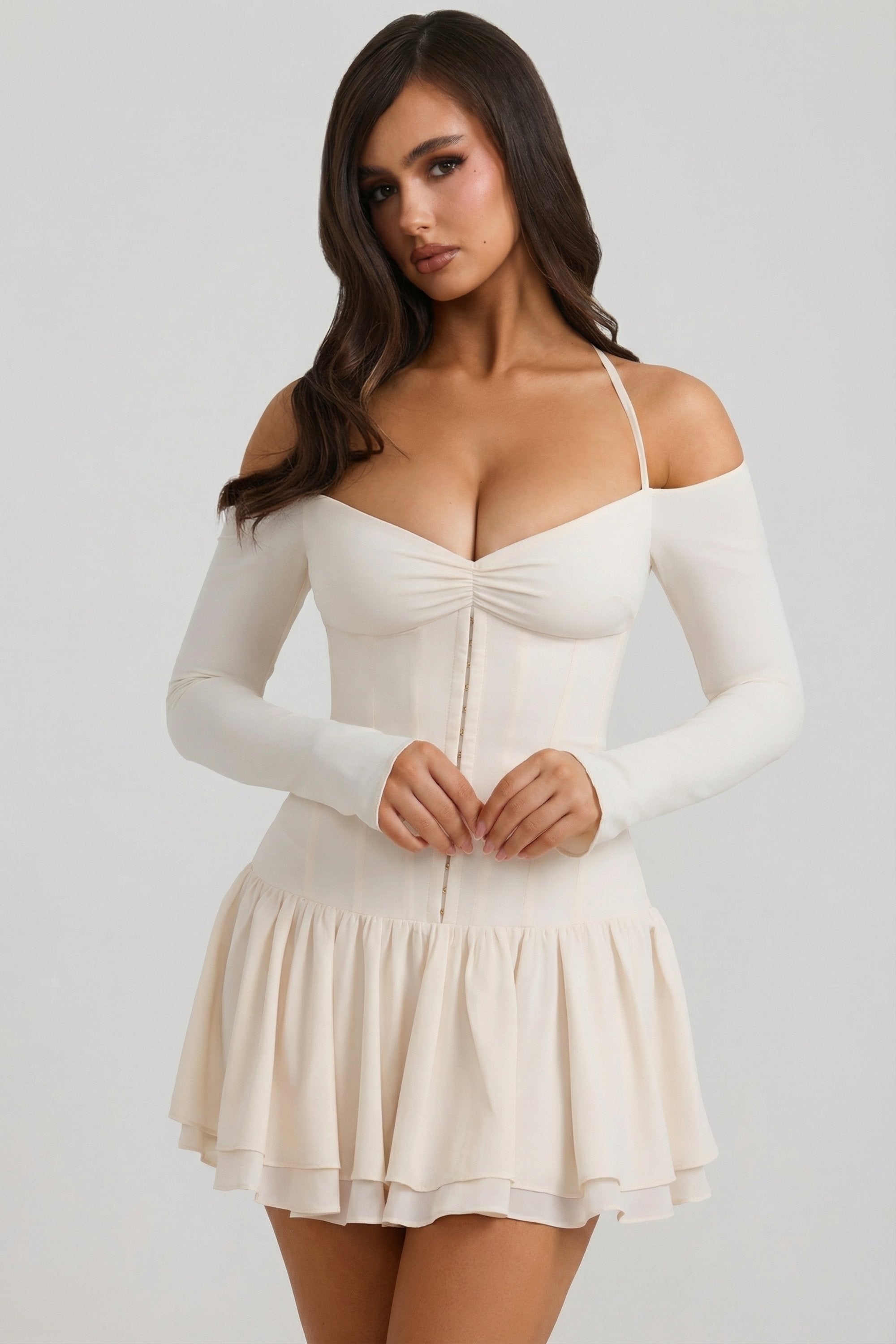 Off-Shoulder Tiered Corset Mini Dress in Ivory