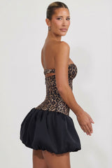 Cut-Out Bubble Hem Corset Mini Dress in Leopard Print