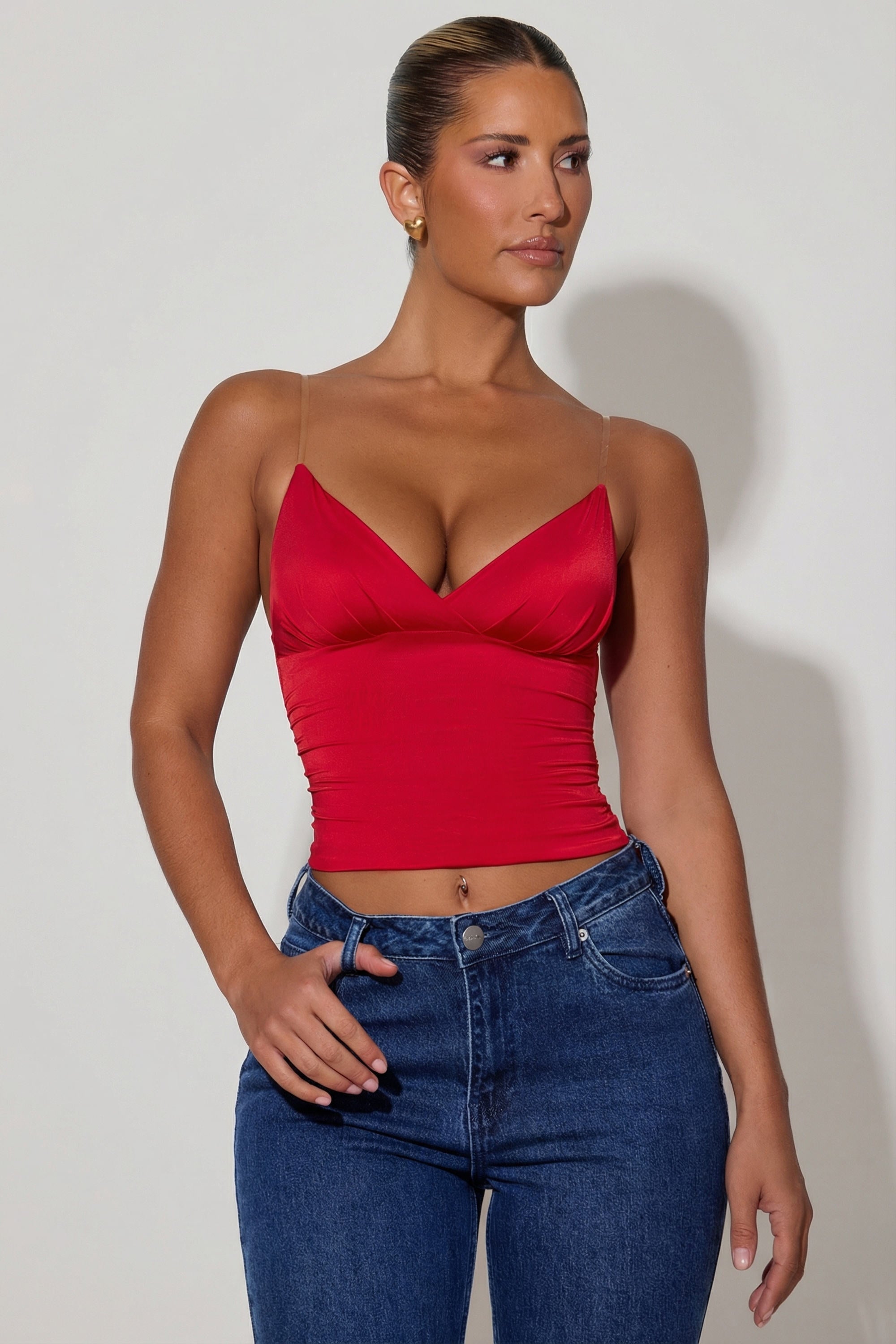 Ruched Plunge-Neck Camisole Top in Red