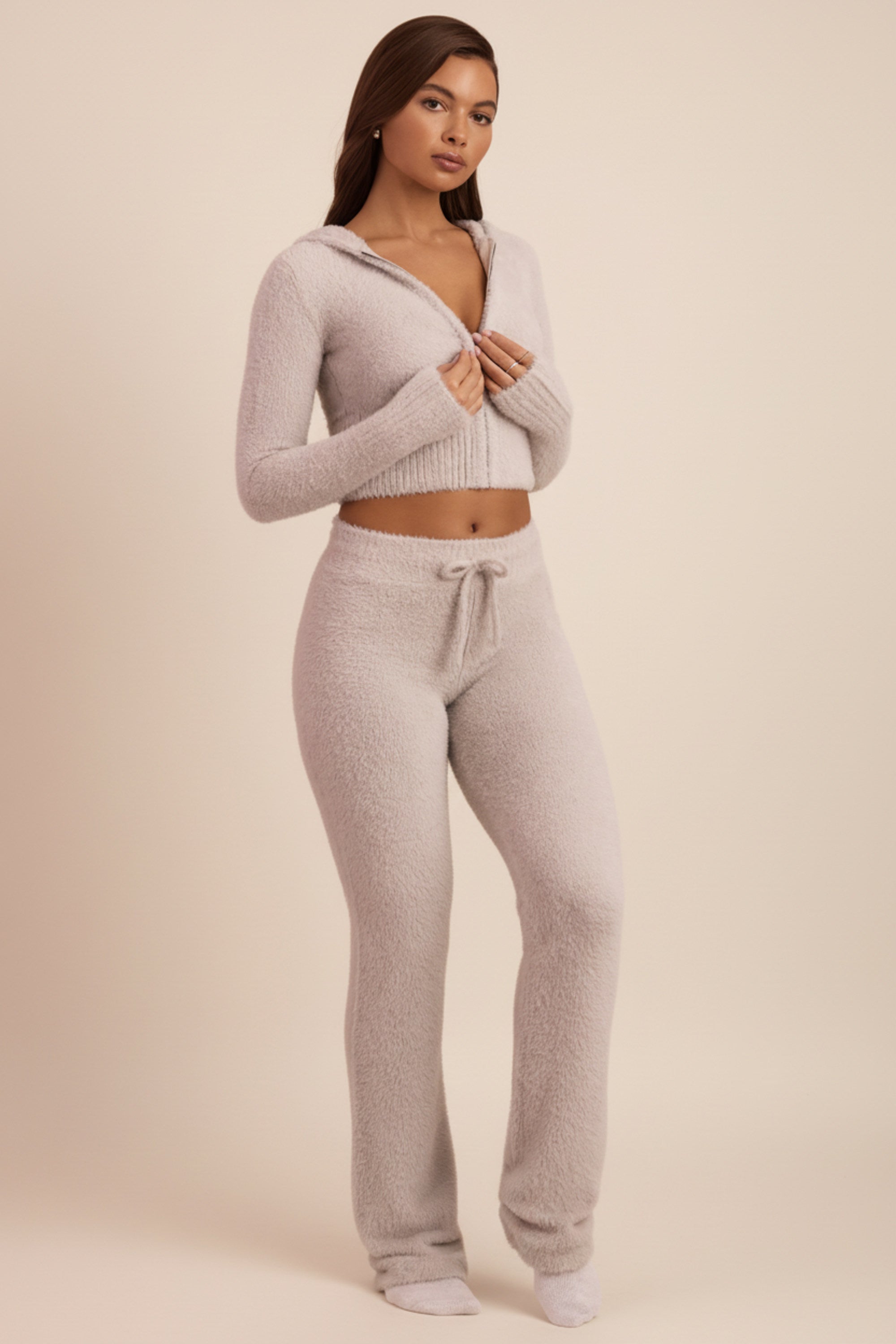 Fluffy Knit Wide-Leg Trousers in Cloud Grey