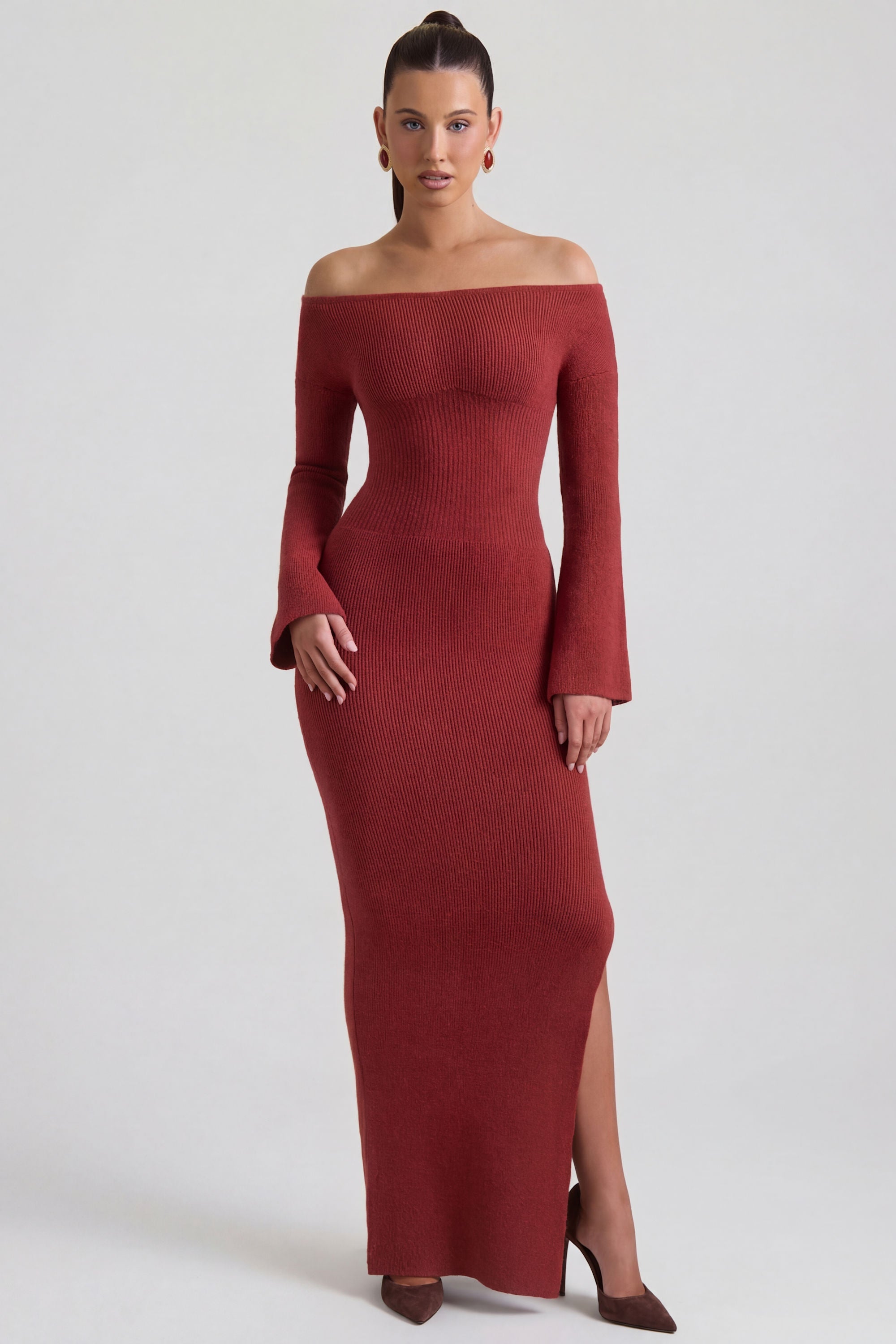 Ribbed-Knit Off-Shoulder Maxi Dress in Brick Red