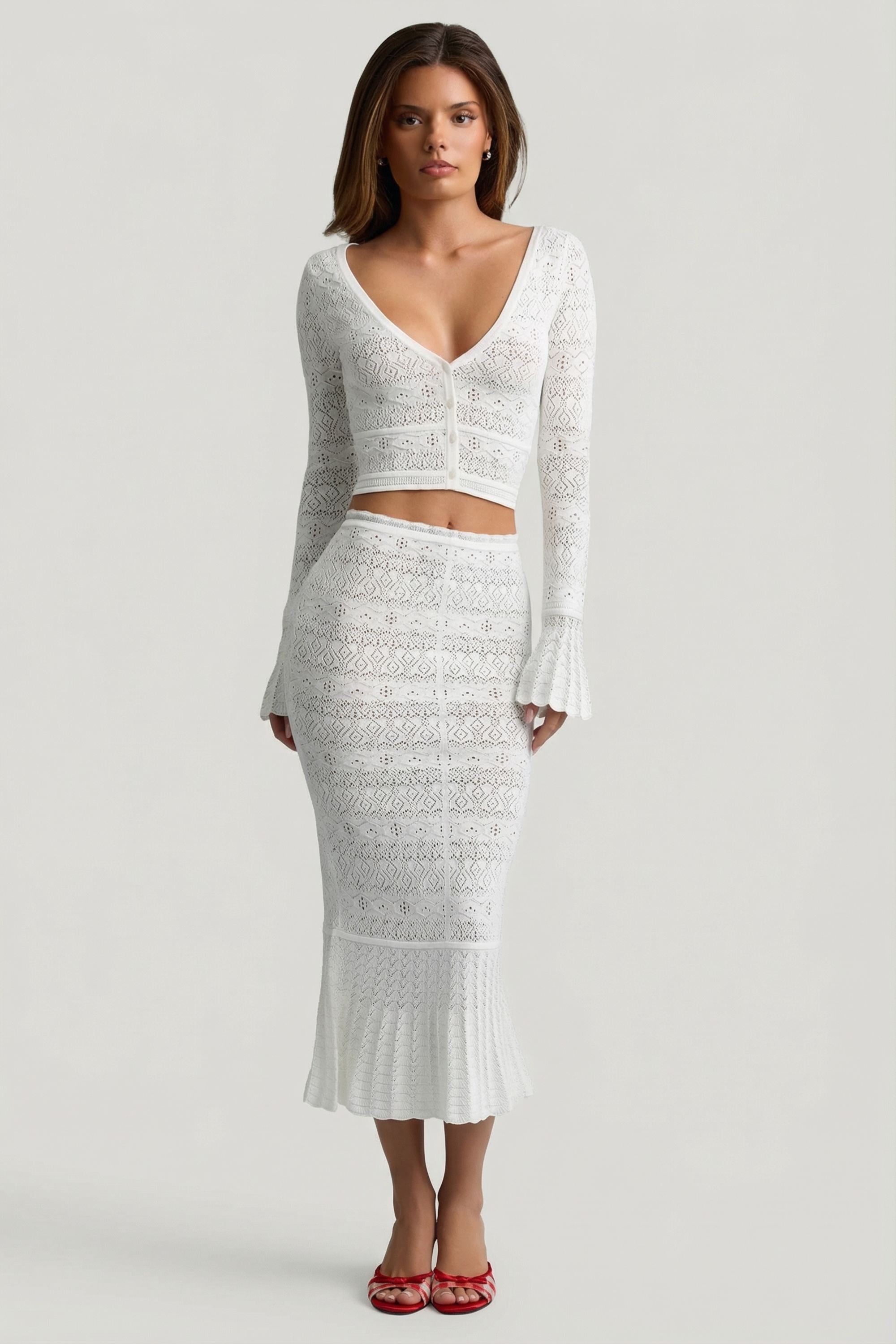 Ruffle-Trim Pointelle-Knit Midaxi Skirt in White